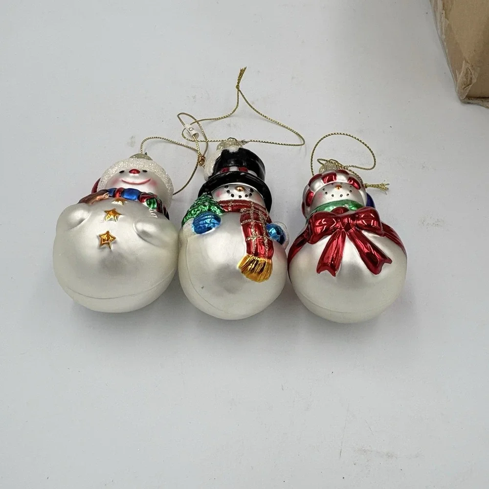 3 Snowman‎ Blown Glass Christmas Ornaments Vintage 3.5